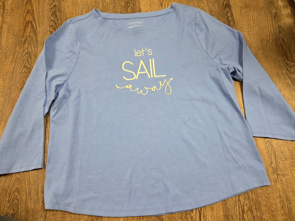 Talbots Bateau Neck Tee - Sail Away Boat Neck Blue Long Sleeve Shirt Blouse XL